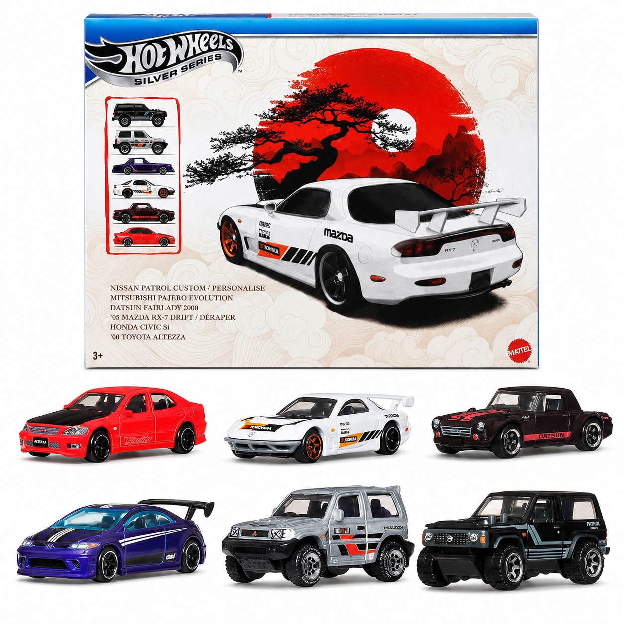 Hot Wheels Silver Series Japanese Classics 6-Pack Die-Cast Cars | Mazda RX-7, Nissan Patrol, Mitsubishi Pajero, Datsun Fairlady 2000, Honda Civic Si & Toyota Altezza | Mattel