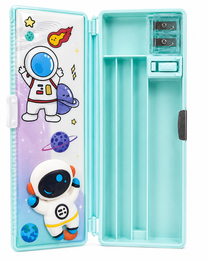 Space Astronaut Kids Pencil Box with Built-in Sharpener | Large Capacity Multifunction Stationery Organizer | Aqua Blue