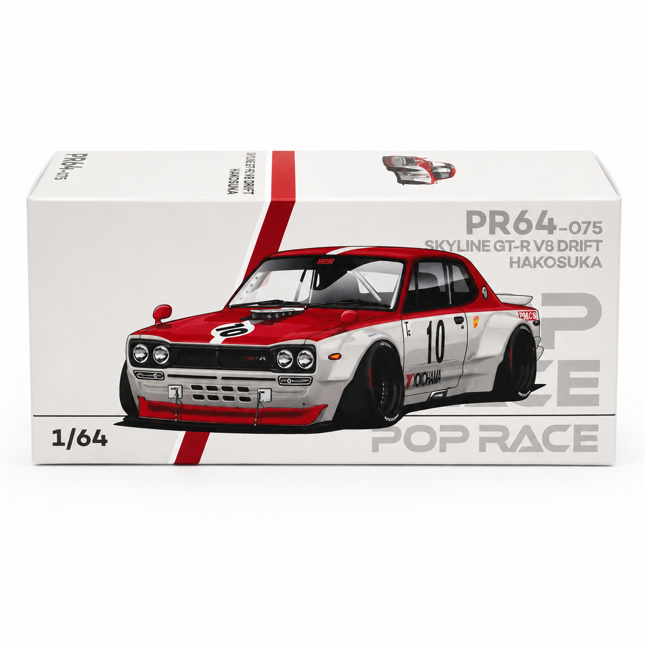 POP RACE 1:64 Skyline GT-R V8 Drift Hakosuka Red & White PR64-075 | Official Licensed Diecast Model Car (BGX)