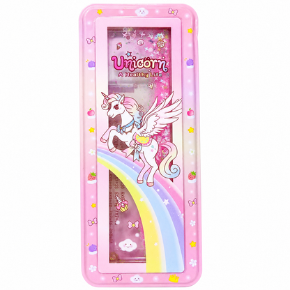 Unicorn Glitter Liquid Pencil Box for Girls | Hard Plastic Pencil Case with Floating Glitter Window | Multiplication Table, Pen & Pencil Organizer for School