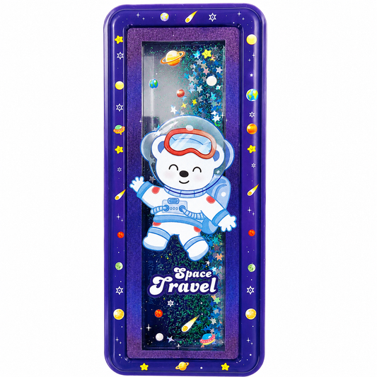 Space Travel Astronaut Glitter Liquid Pencil Box for Kids | Hard Plastic Pencil Case with Floating Glitter Window | Pen & Pencil Organizer for School