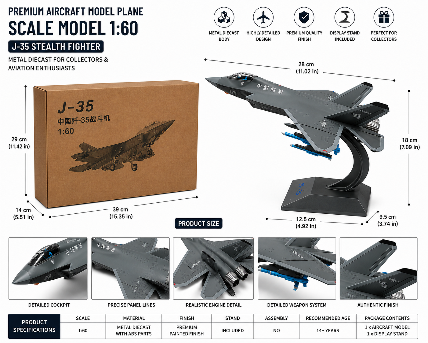 Premium Aircraft Model Plane 1:60 Scale – J-35 Stealth Fighter Metal Diecast Collectible with Display Stand for Collectors & Aviation Enthusiasts