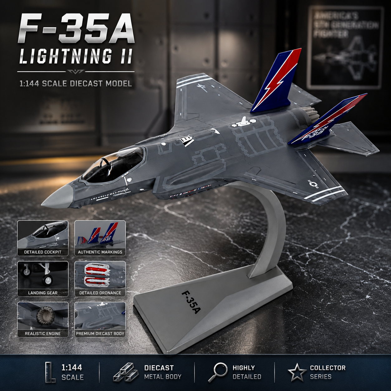 Premium 1:72 Scale Lockheed Martin F-35A Lightning II USAF Metal Diecast Body Aircraft Model with Display Stand | Modern Military Fighter Jet Collectible