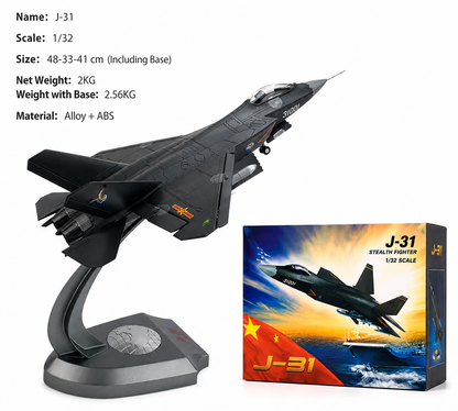 Premium 1:32 Scale J-31 Stealth Fighter Aircraft Metal Diecast Body Model with Display Stand | Modern Military Fighter Jet Collectible