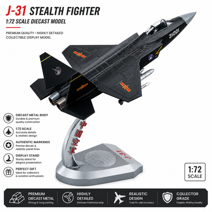 Premium 1:32 Scale J-31 Stealth Fighter Aircraft Metal Diecast Body Model with Display Stand | Modern Military Fighter Jet Collectible