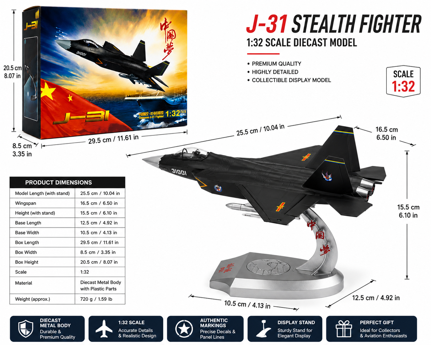 Premium 1:32 Scale J-31 Stealth Fighter Aircraft Metal Diecast Body Model with Display Stand | Modern Military Fighter Jet Collectible