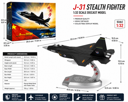 Premium 1:32 Scale J-31 Stealth Fighter Aircraft Metal Diecast Body Model with Display Stand | Modern Military Fighter Jet Collectible