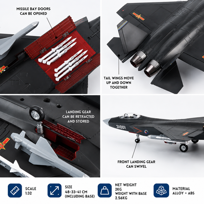 Premium 1:32 Scale J-31 Stealth Fighter Aircraft Metal Diecast Body Model with Display Stand | Modern Military Fighter Jet Collectible