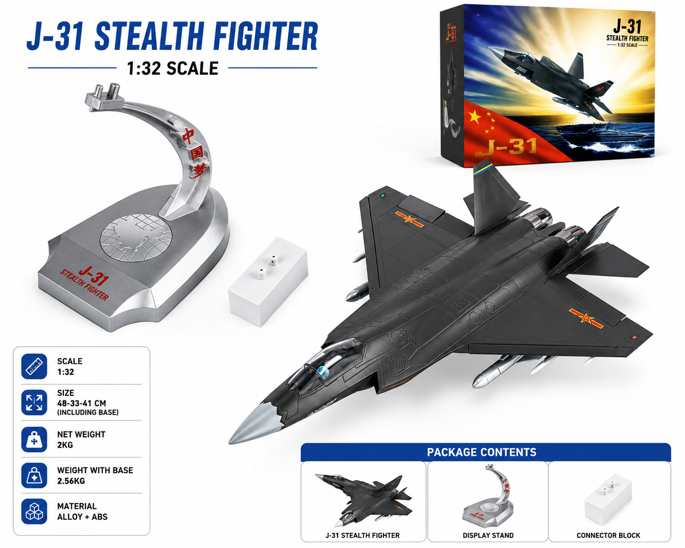 Premium 1:32 Scale J-31 Stealth Fighter Aircraft Metal Diecast Body Model with Display Stand | Modern Military Fighter Jet Collectible