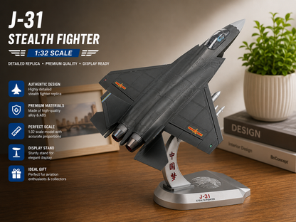 Premium 1:32 Scale J-31 Stealth Fighter Aircraft Metal Diecast Body Model with Display Stand | Modern Military Fighter Jet Collectible