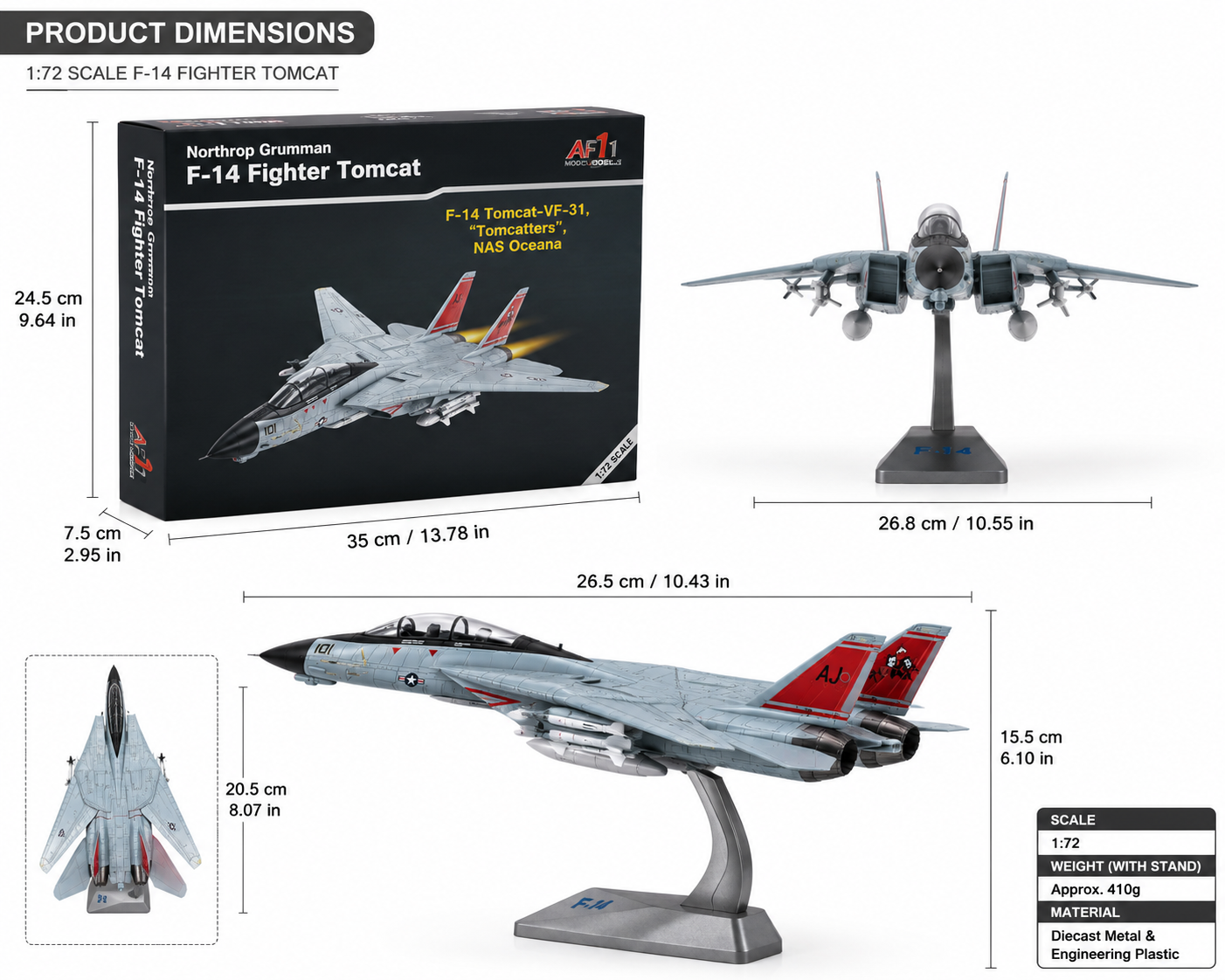 Premium 1:72 Scale Northrop Grumman F-14 Tomcat Oceana Metal Diecast Body Aircraft Model with Display Stand | Military Fighter Jet Collectible for Home & Office Decor