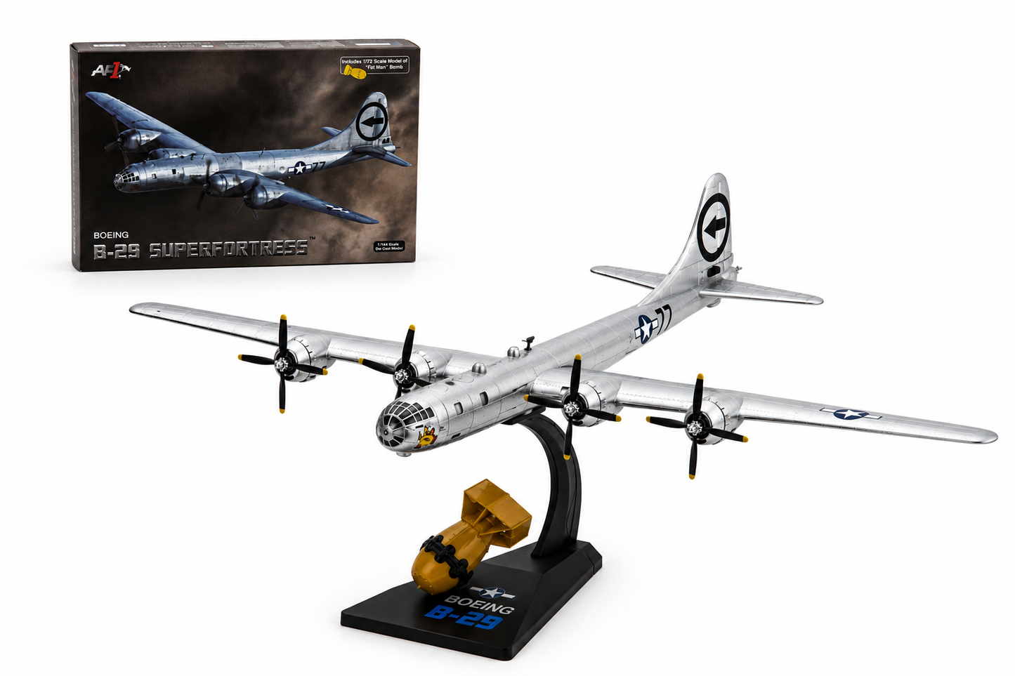 Premium 1:144 Scale B-29 Superfortress Diecast Metal Body Aircraft Model with Display Stand & 1/72 Scale Fat Man Bomb | Military Collectible