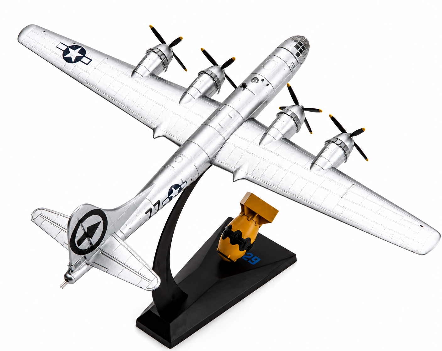 Premium 1:144 Scale B-29 Superfortress Diecast Metal Body Aircraft Model with Display Stand & 1/72 Scale Fat Man Bomb | Military Collectible