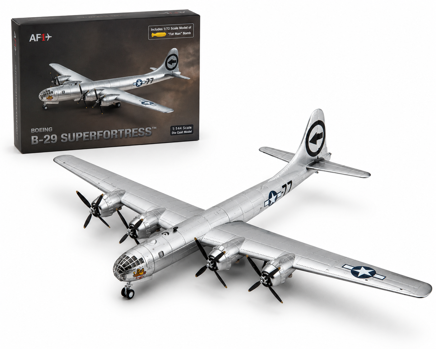 Premium 1:144 Scale B-29 Superfortress Diecast Metal Body Aircraft Model with Display Stand & 1/72 Scale Fat Man Bomb | Military Collectible