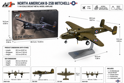 Premium 1:72 Scale North American B-25B Mitchell Metal Diecast Body Aircraft Model with Display Stand | Military Bomber Collectible