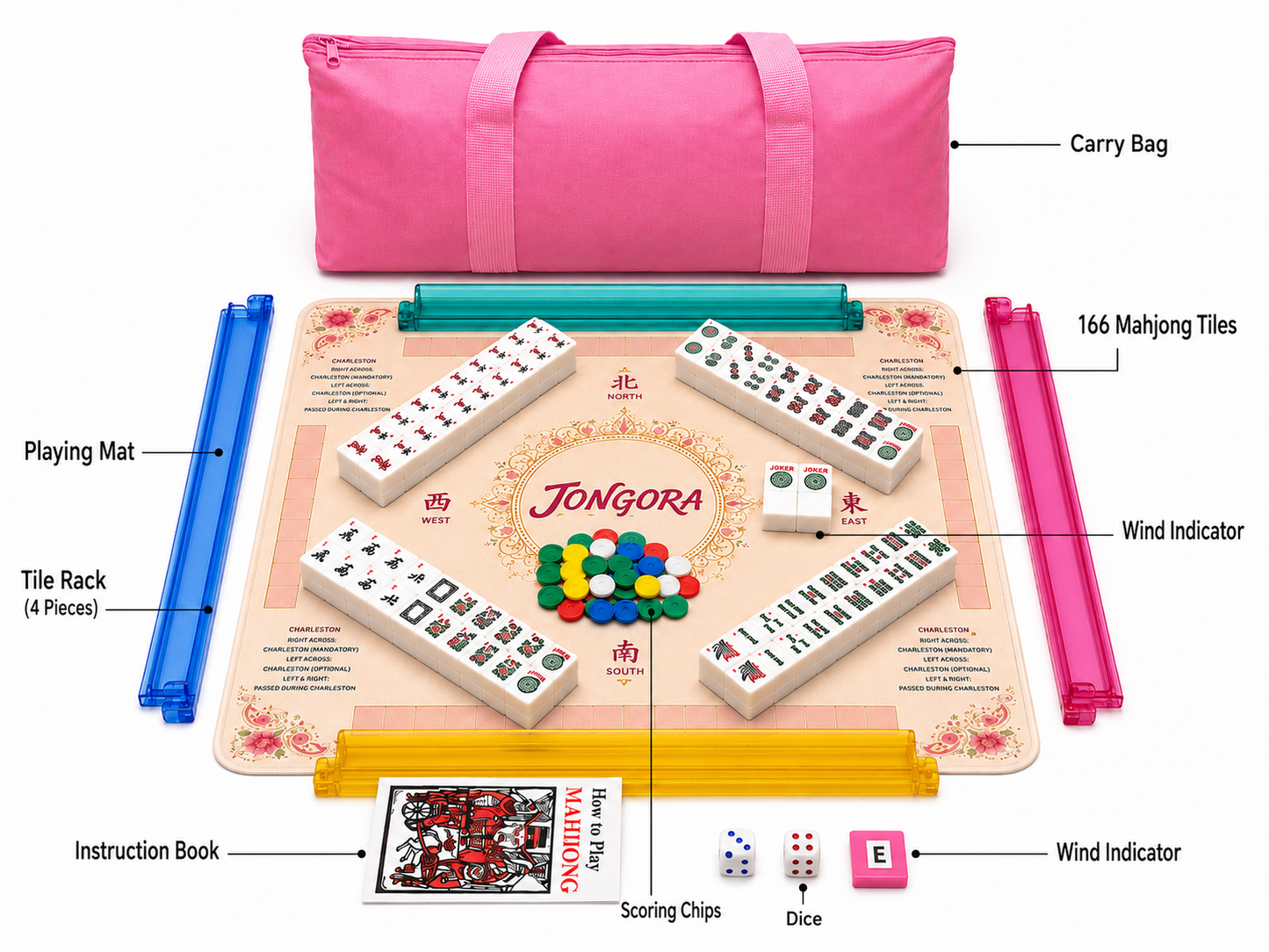 Breatoi American Mahjong Set with Carry Case & Playing Mat | 166 Premium Tiles, 4 Tile Racks, Chips, Dice & Wind Indicator | Complete American Mahjong Game Set
