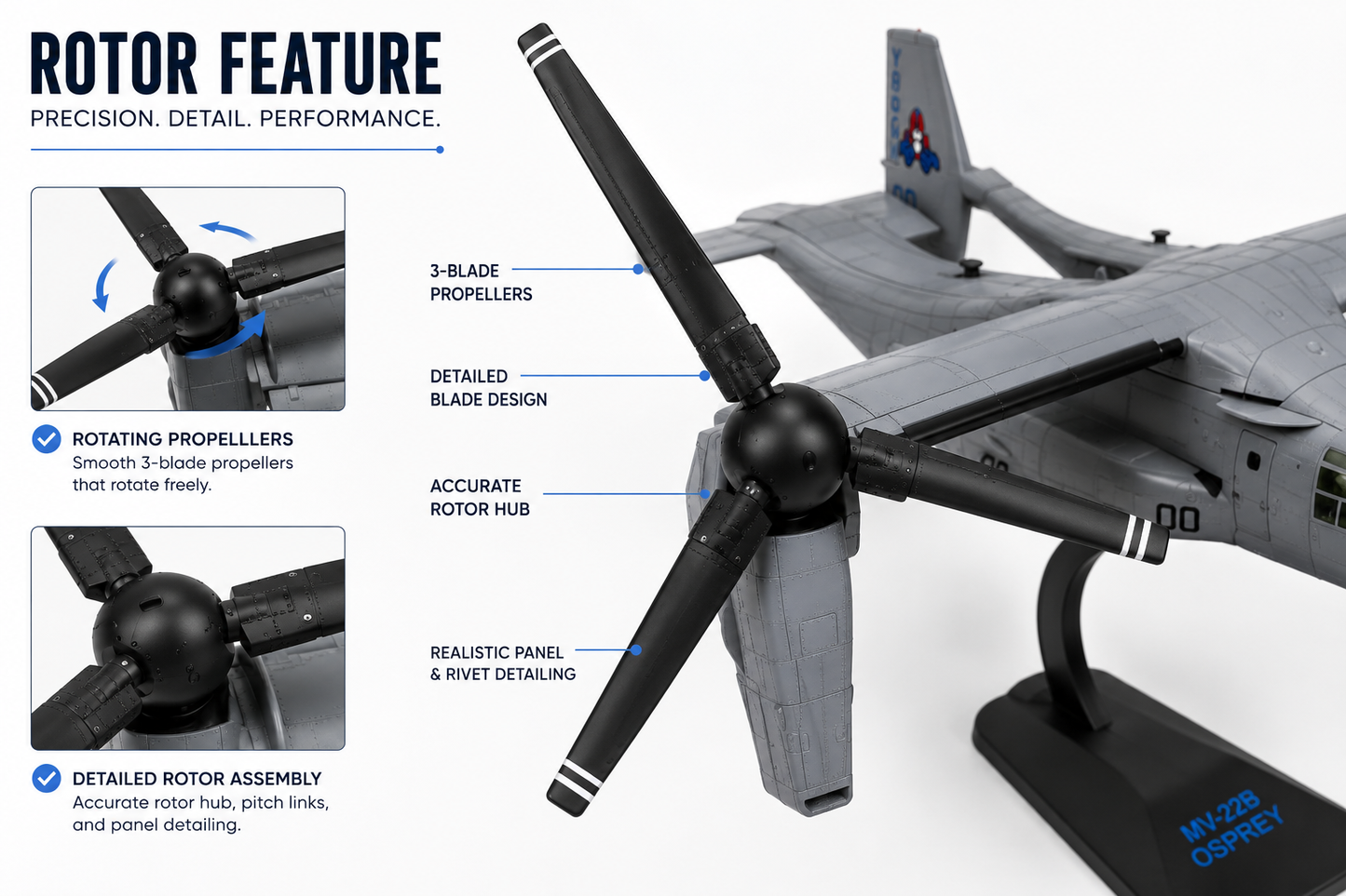 Premium 1:72 Scale V-22B Osprey VMM-365 "Blue Knights" Aircraft Model with Display Stand | Detailed Military Tiltrotor Collectible for Home & Office Decor