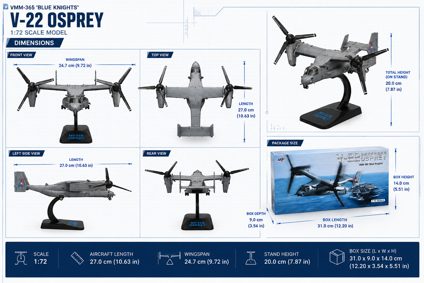 Premium 1:72 Scale V-22B Osprey VMM-365 "Blue Knights" Aircraft Model with Display Stand | Detailed Military Tiltrotor Collectible for Home & Office Decor