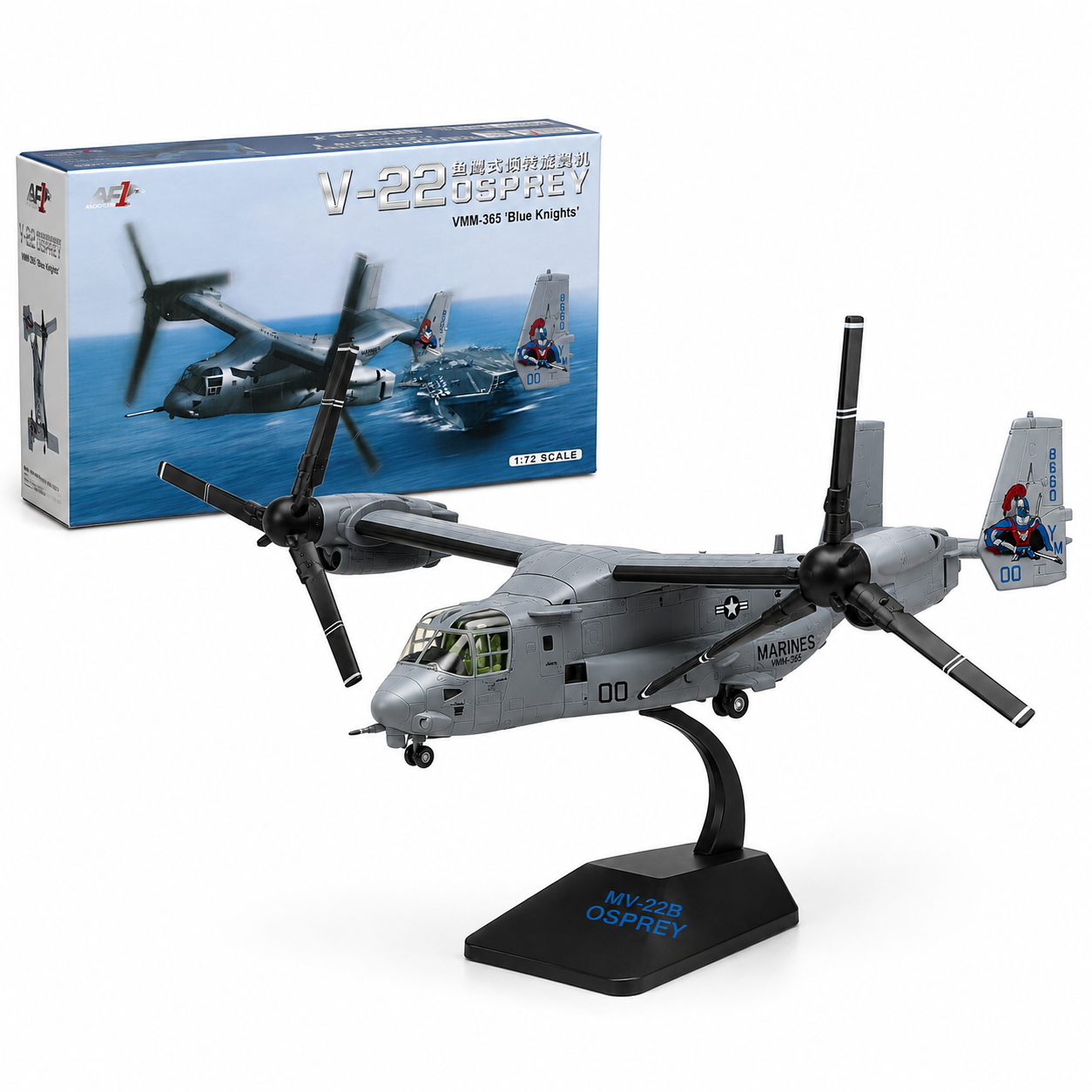 Premium 1:72 Scale V-22B Osprey VMM-365 "Blue Knights" Aircraft Model with Display Stand | Detailed Military Tiltrotor Collectible for Home & Office Decor