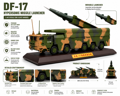 Premium 1:40 Scale DF-17 Hypersonic Missile Launcher Military Vehicle Model with Display Base & Collector Box | Static Display Collectible