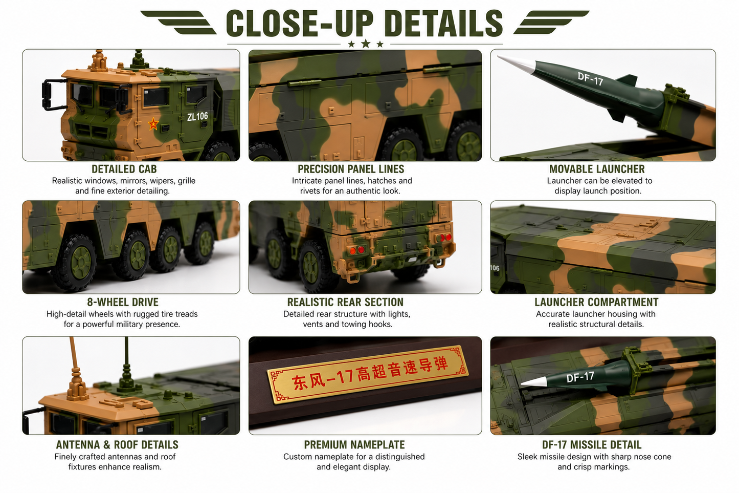 Premium 1:40 Scale DF-17 Hypersonic Missile Launcher Military Vehicle Model with Display Base & Collector Box | Static Display Collectible
