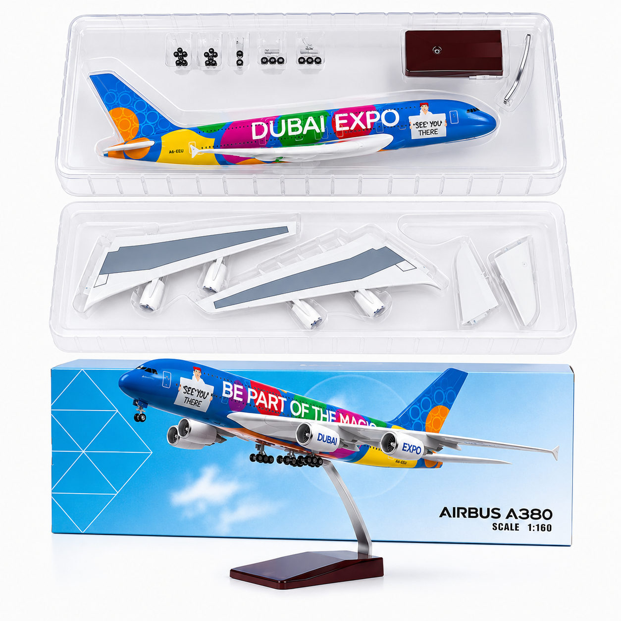 Premium 1:160 Scale Airbus A380 Dubai Expo Aircraft Model with Lights & Landing Gear | 46cm Metal Diecast & Resin Display Airplane with Stand | Aviation Collectible Gift