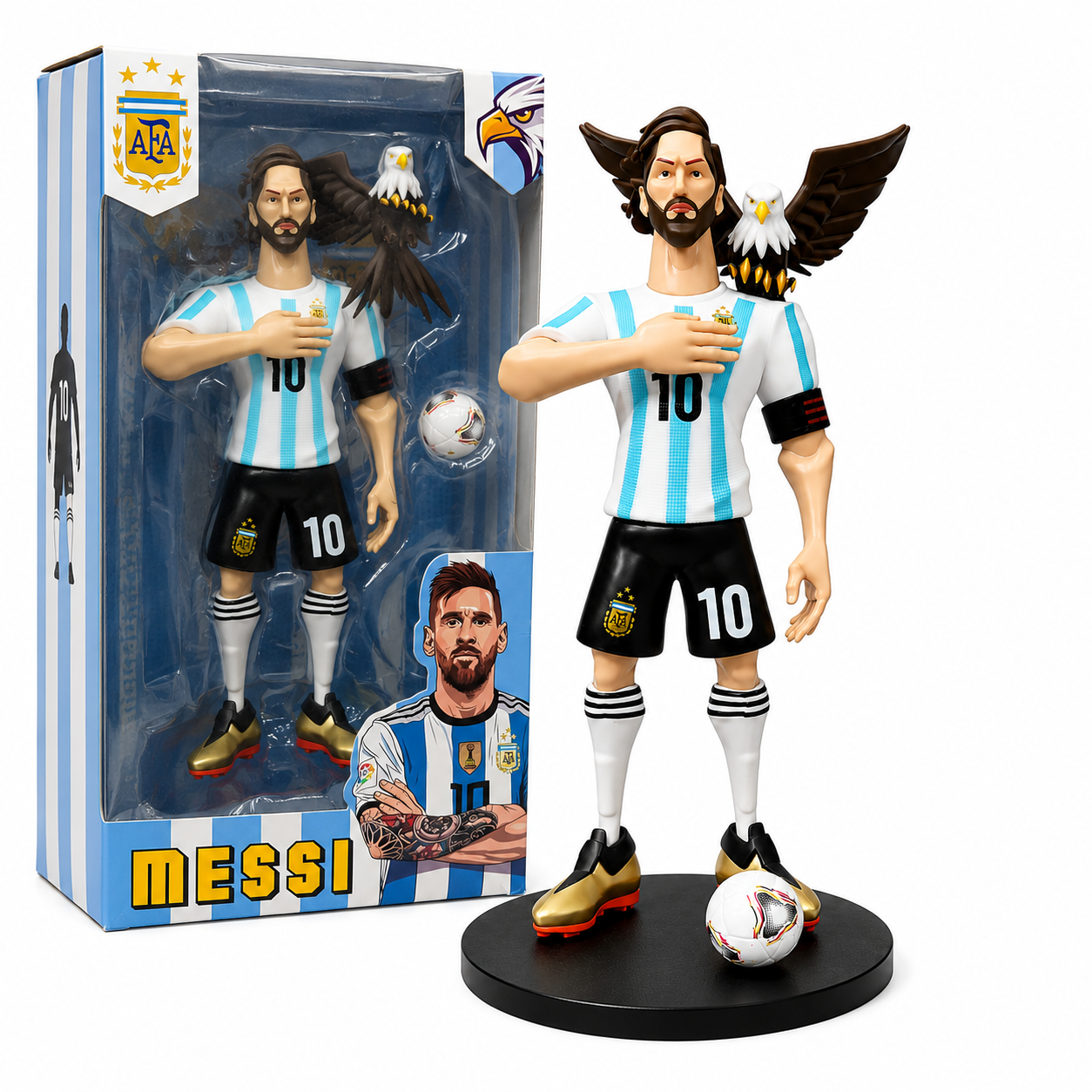Lionel Messi No. 10 Football Collectible Figure with Eagle, Football & Display Base | Argentina Style Soccer Display Model