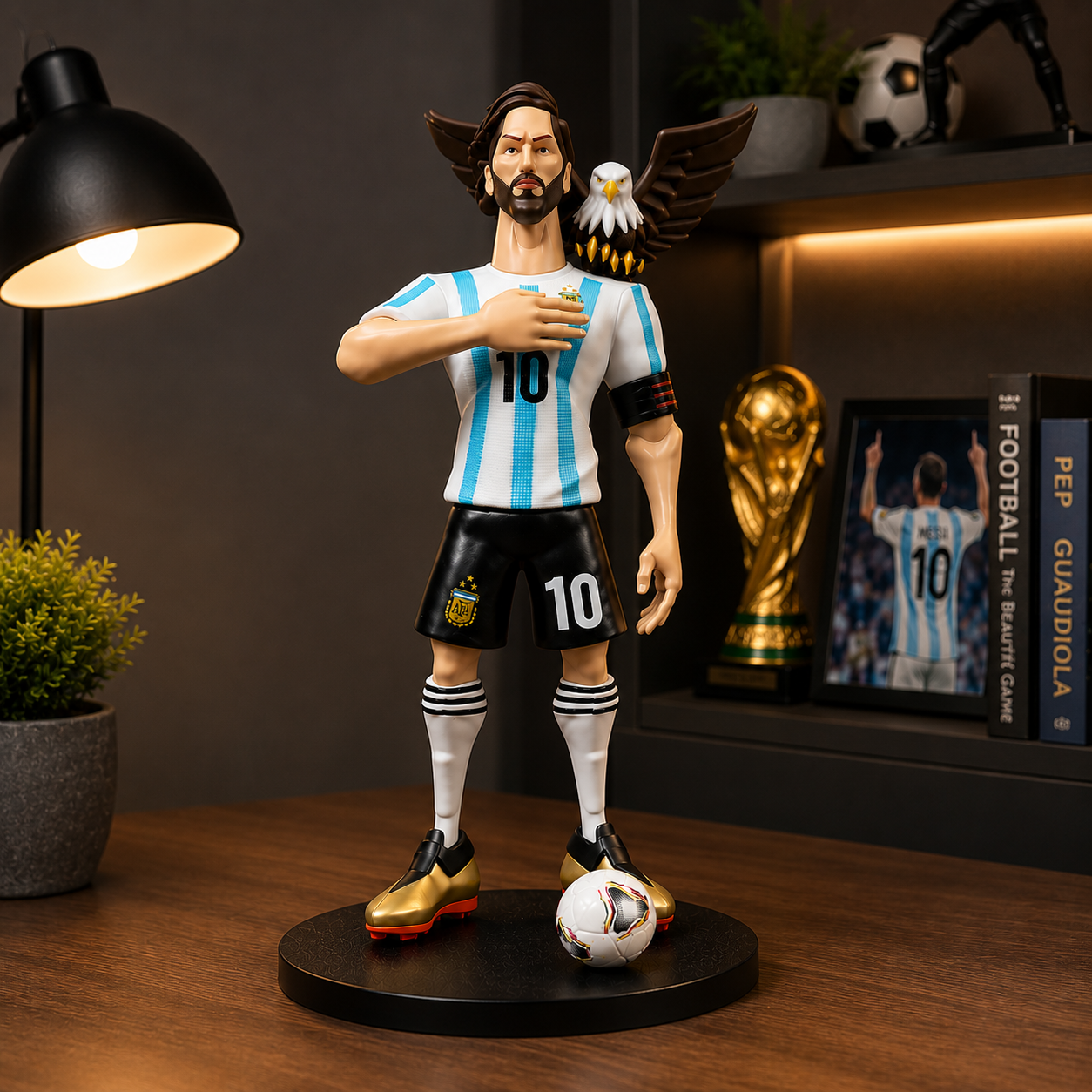 Lionel Messi No. 10 Football Collectible Figure with Eagle, Football & Display Base | Argentina Style Soccer Display Model
