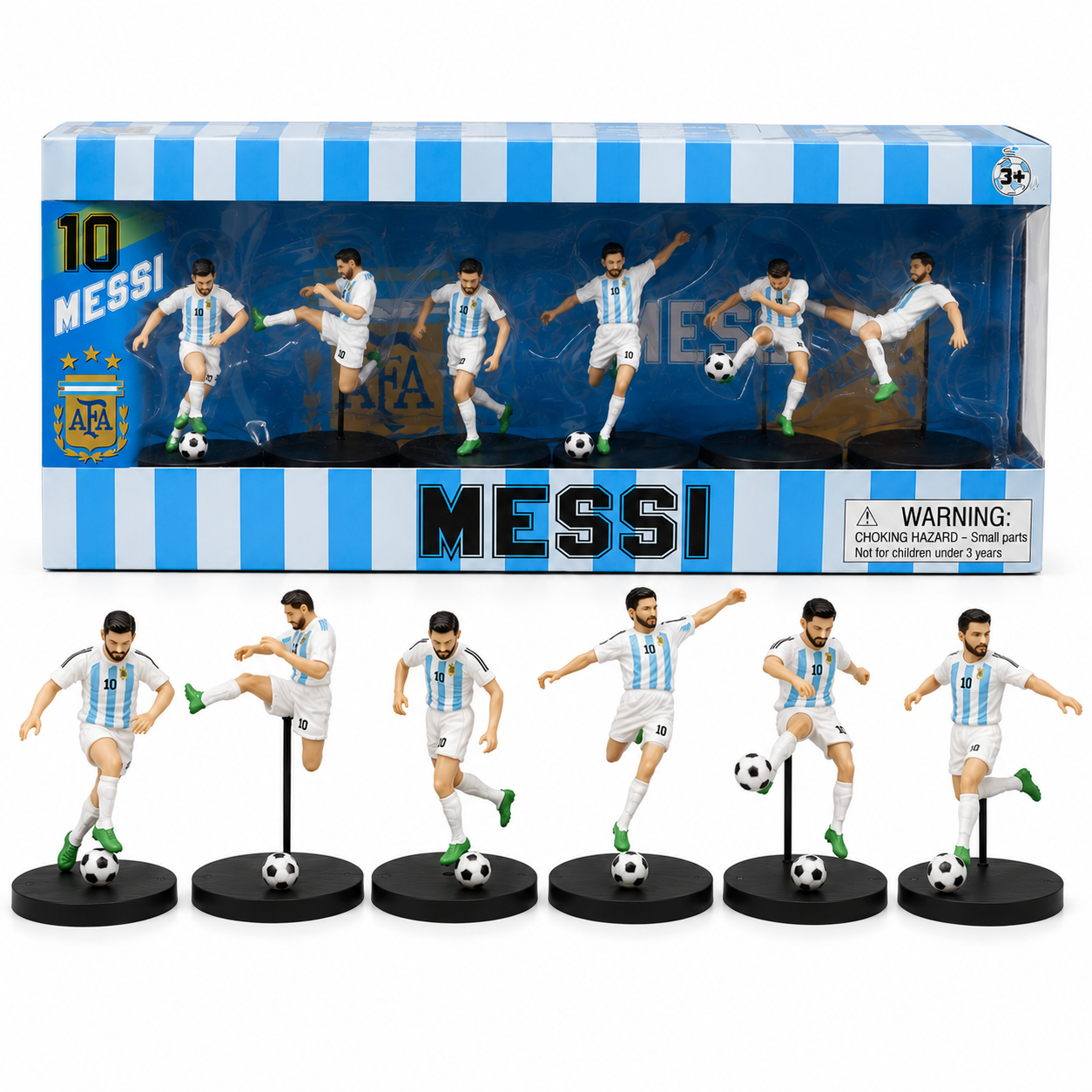 Lionel Messi No. 10 Football Collectible Figure Set of 6 with Display Bases & Footballs | Argentina Style Soccer Figures
