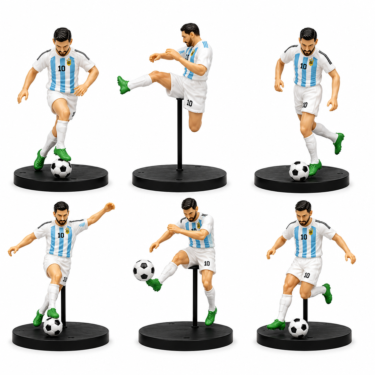 Lionel Messi No. 10 Football Collectible Figure Set of 6 with Display Bases & Footballs | Argentina Style Soccer Figures