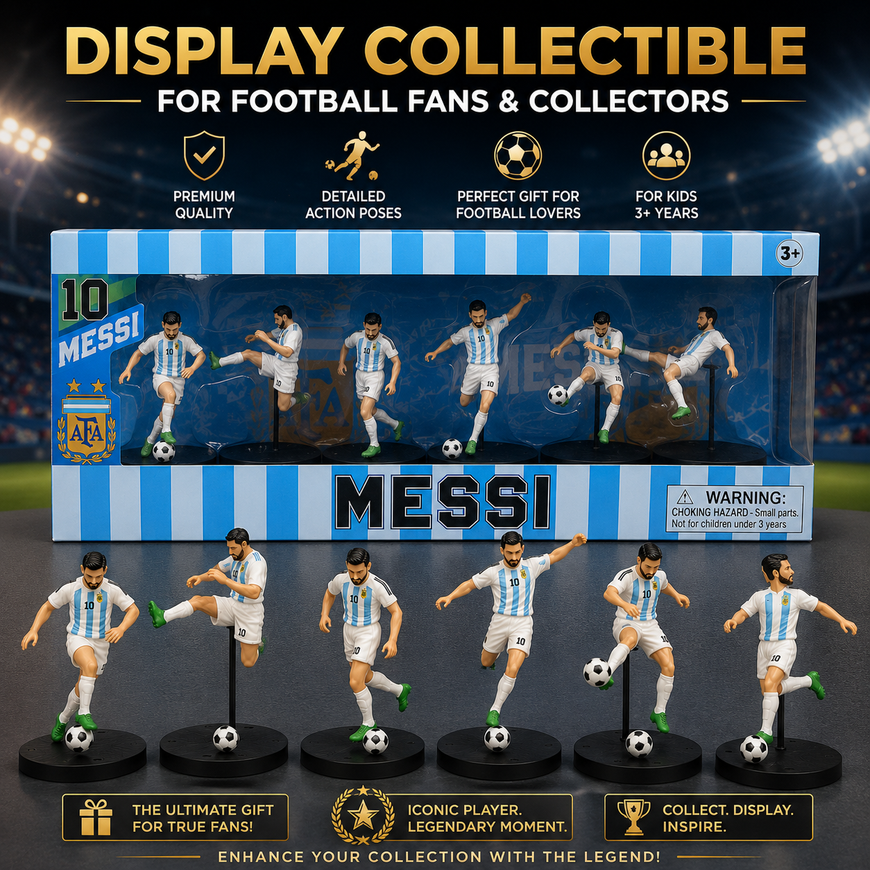 Lionel Messi No. 10 Football Collectible Figure Set of 6 with Display Bases & Footballs | Argentina Style Soccer Figures