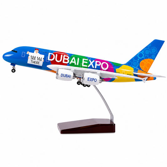Premium 1:160 Scale Airbus A380 Dubai Expo Aircraft Model with Lights & Landing Gear | 46cm Metal Diecast & Resin Display Airplane with Stand | Aviation Collectible Gift