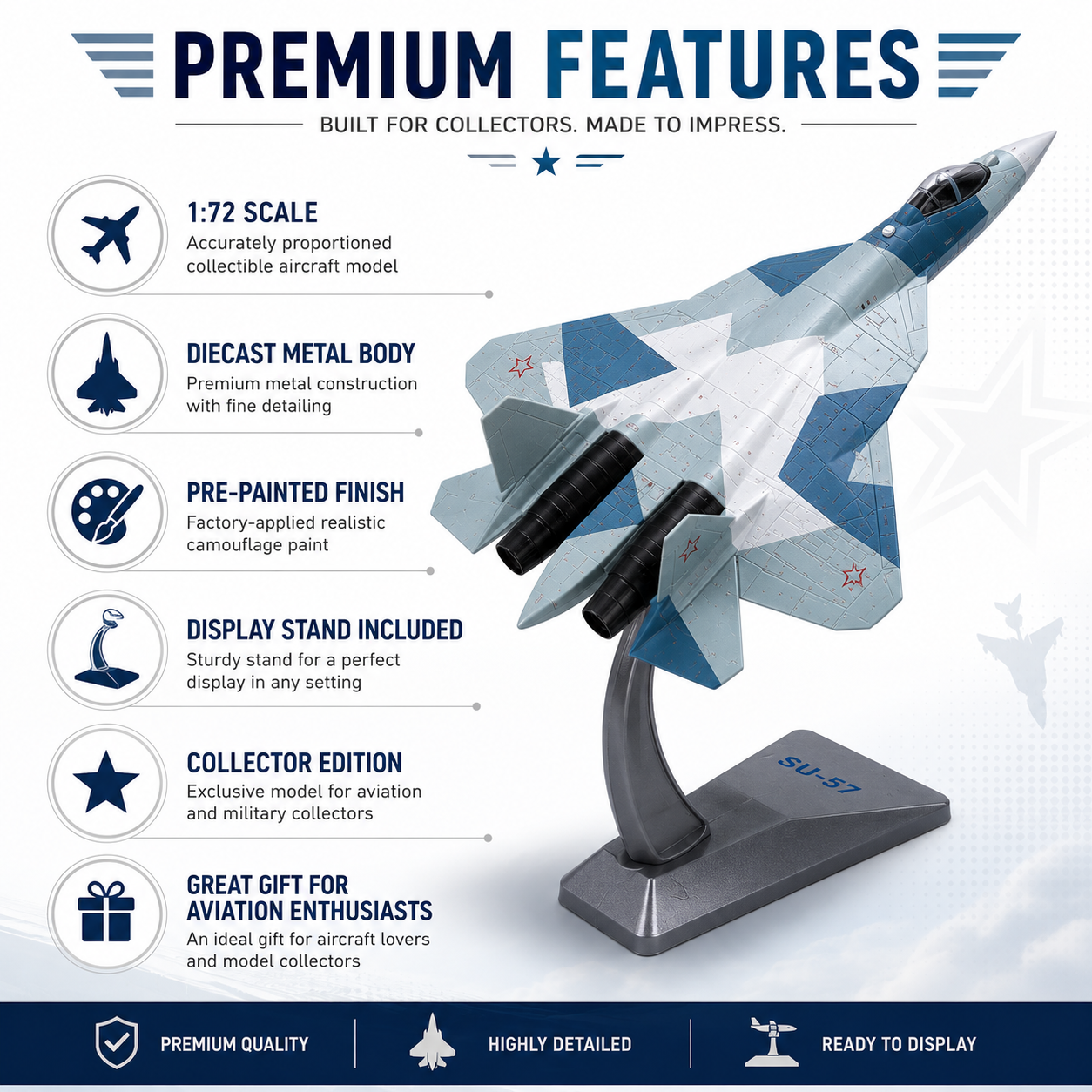 Premium 1:72 Scale Sukhoi SU-57 Felon Diecast Metal Fighter Aircraft Model with Display Stand | Military Stealth Jet Collectible for Home & Office Display