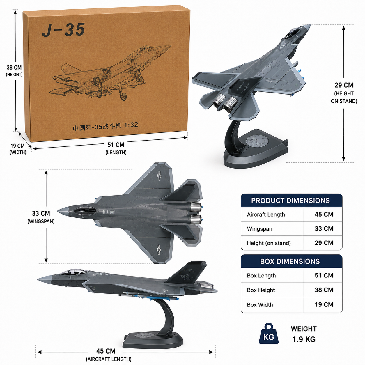 Premium 1:32 Scale J-35 Stealth Fighter Aircraft Diecast Metal Model with Display Stand | Military Fighter Jet Collectible for Home & Office Decor