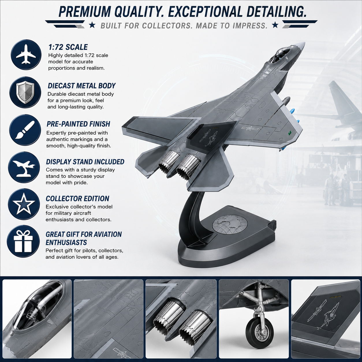 Premium 1:32 Scale J-35 Stealth Fighter Aircraft Diecast Metal Model with Display Stand | Military Fighter Jet Collectible for Home & Office Decor
