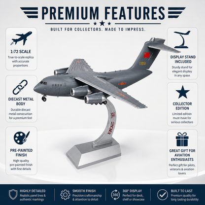 Premium 1:130 Scale Y-20B Strategic Transport Aircraft Model with Display Stand | Metal Diecast Military Cargo Plane Collectible for Home & Office Display