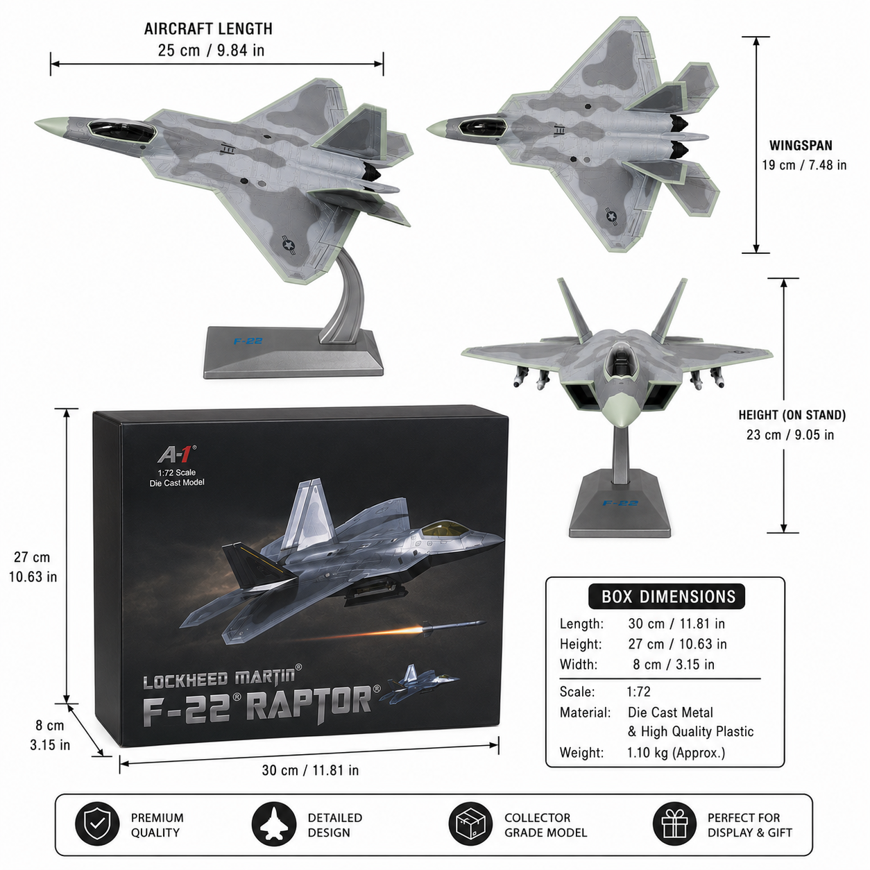 Premium 1:72 Scale Lockheed Martin F-22 Raptor Diecast Metal Aircraft Model with Display Stand | Military Fighter Jet Collectible for Home, Office & Aviation Display