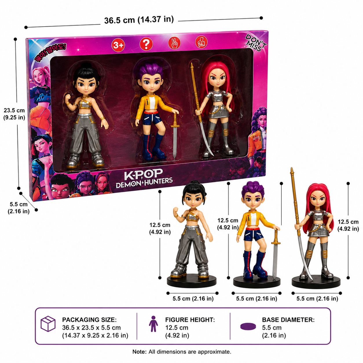 KPOP Demon Hunters Action Figure Set | 3 Collectible High Quality Anime-Style Figures with Weapons | Fantasy Character Toy Gift for Kids, Collectors & Display