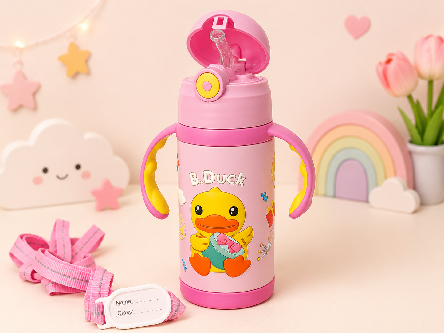 B.Duck Kids Vacuum Insulated Water Bottle with Straw & Carry Strap | Leakproof School Bottle | 420ml
