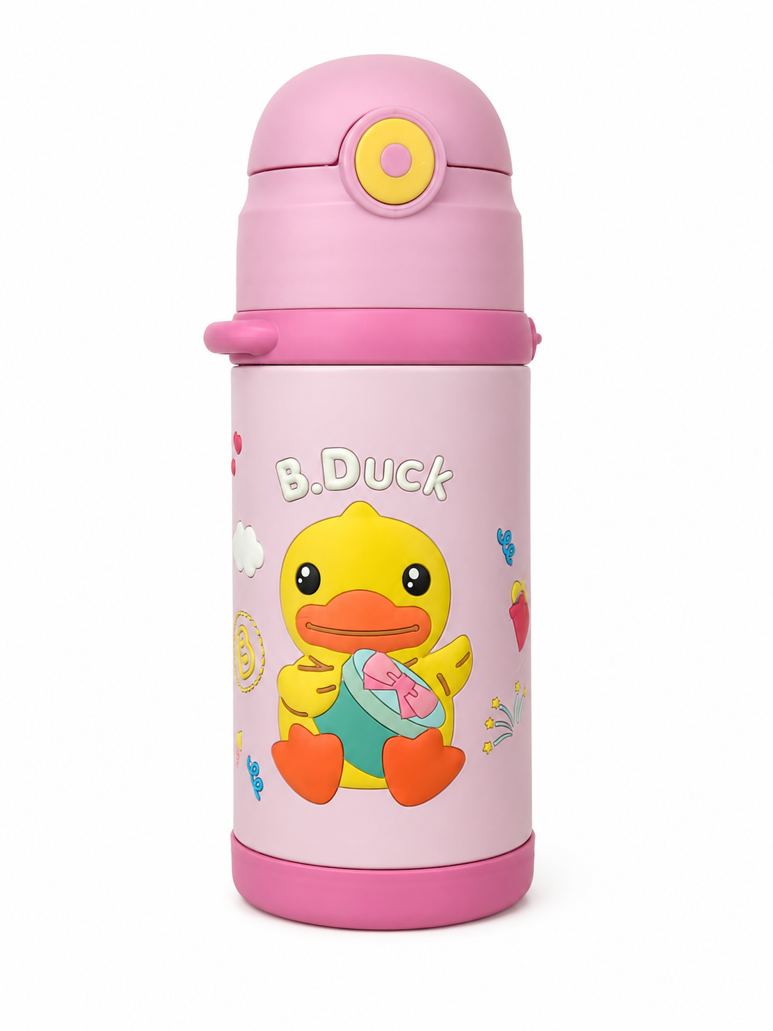B.Duck Kids Vacuum Insulated Water Bottle with Straw & Carry Strap | Leakproof School Bottle | 420ml