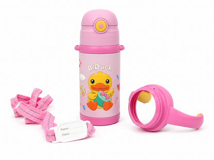 B.Duck Kids Vacuum Insulated Water Bottle with Straw & Carry Strap | Leakproof School Bottle | 420ml