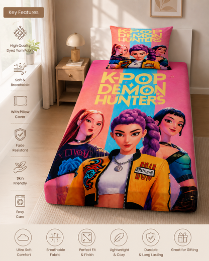 Huntrix Deluxe K-Pop Bedsheet Set 1 Single | 60 x 90 Inch Soft Microfiber Single Bed Sheet with 1 Pillow Cover | Vibrant K-Pop Inspired Design