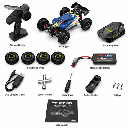 MJX Hyper Go 1:16 Scale 4WD Brushless RC Monster Truck | 2.4GHz High-Speed Off-Road Remote Control Car with Extra Tyres, Spare Body & Rechargeable Battery