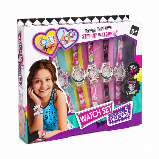 DIY Design Your Own Watch Set for Girls, Make 5 Custom Fashion Watches, 30+ Pieces, Watch Cases, Bracelets, Bezels & Charms, Creative Arts & Crafts Jewelry Activity Kit, Birthday Gift for Kids Age 6+