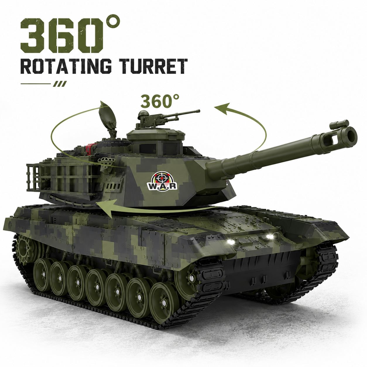 RC Military Battle Tank 2.4GHz Remote Control Toy with 360° Rotating Turret, LED Lights & Realistic Tracks | Army Tank for Kids & Adults