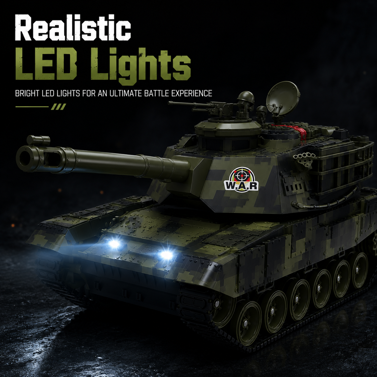 RC Military Battle Tank 2.4GHz Remote Control Toy with 360° Rotating Turret, LED Lights & Realistic Tracks | Army Tank for Kids & Adults