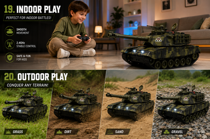 RC Military Battle Tank 2.4GHz Remote Control Toy with 360° Rotating Turret, LED Lights & Realistic Tracks | Army Tank for Kids & Adults