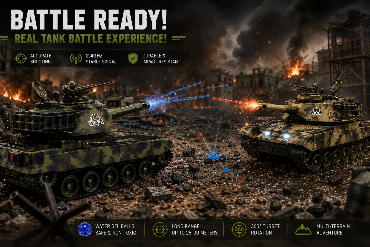 RC Military Battle Tank 2.4GHz Remote Control Toy with 360° Rotating Turret, LED Lights & Realistic Tracks | Army Tank for Kids & Adults
