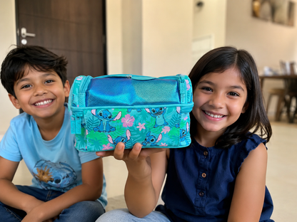 Disney Smiggle Double Decker Lunchbox – Stitch Tropical Print | Insulated Kids Lunch Bag | Blue & Teal