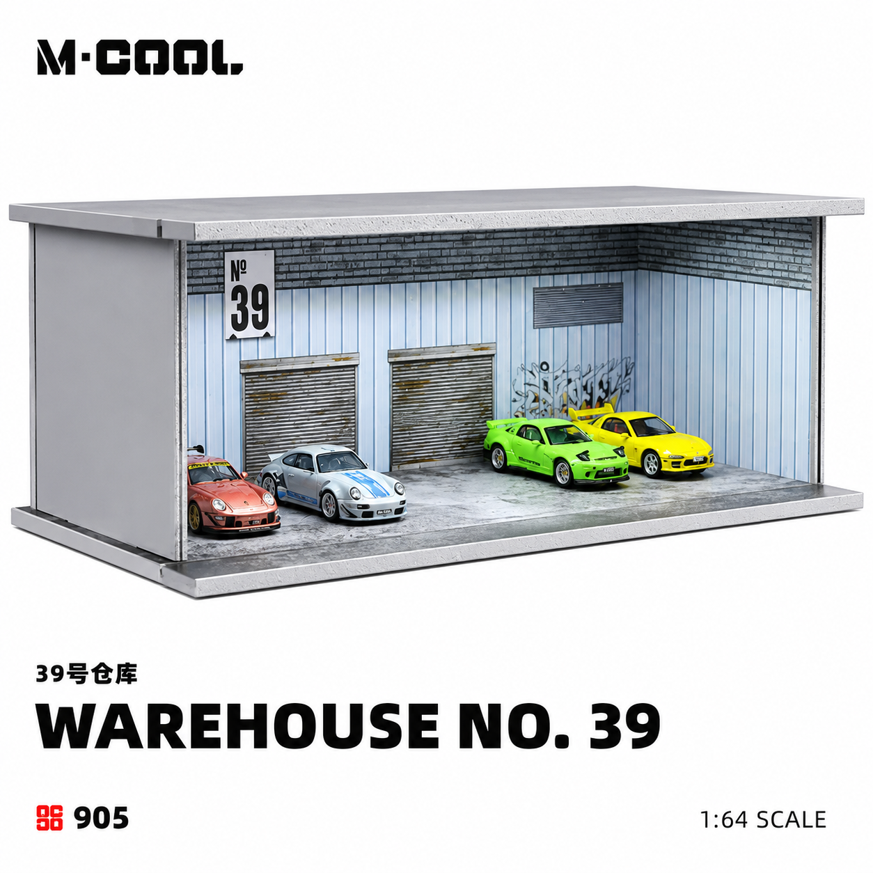 M-COOL Premium 1:64 Scale Double Garage Diorama Display with Industrial Warehouse Scene | Blue Collectible Model Car Display Base